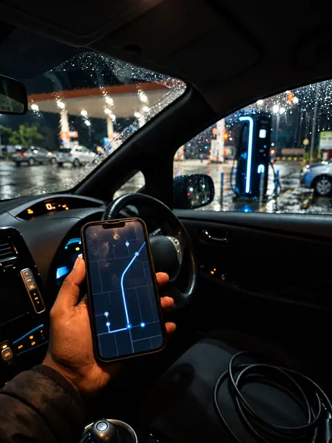 A driver checking a charging map on a phone inside a car at night