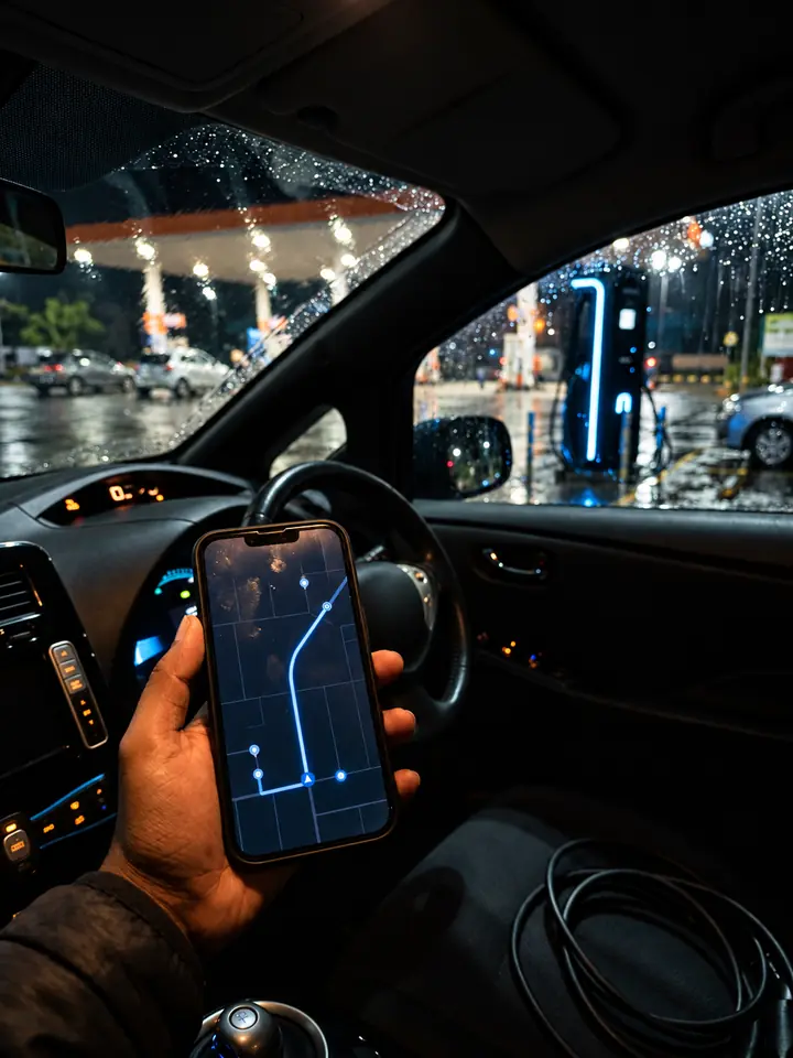 Driver checking the ChargeOS map on a phone at a charging stop