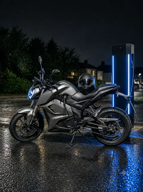 An electric motorcycle beside a charging pillar