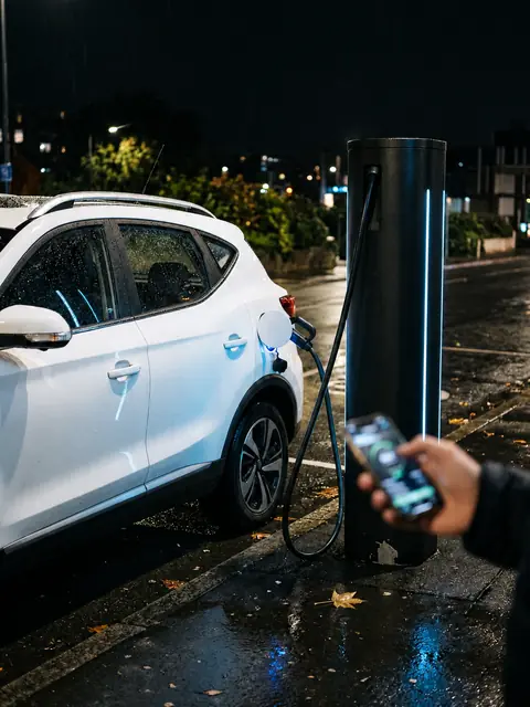 A white electric SUV plugged in at night