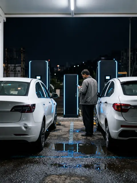 Two electric cars charging at a covered fleet station