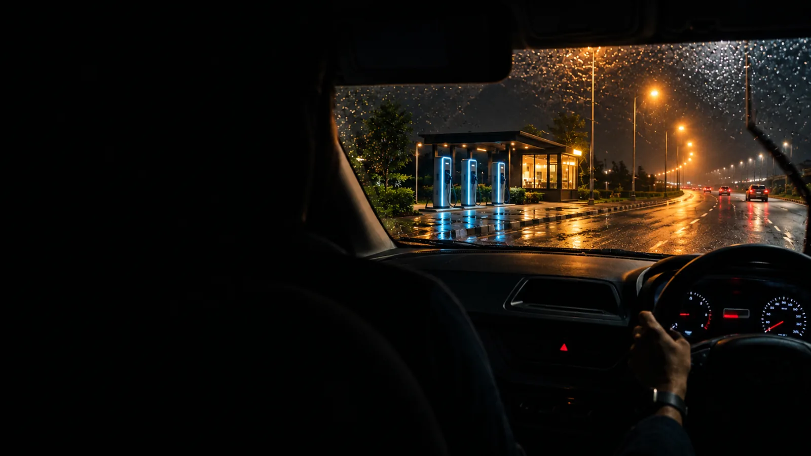Driver on a rainy night highway with a low battery, a lit ChargeOS charging stop ahead