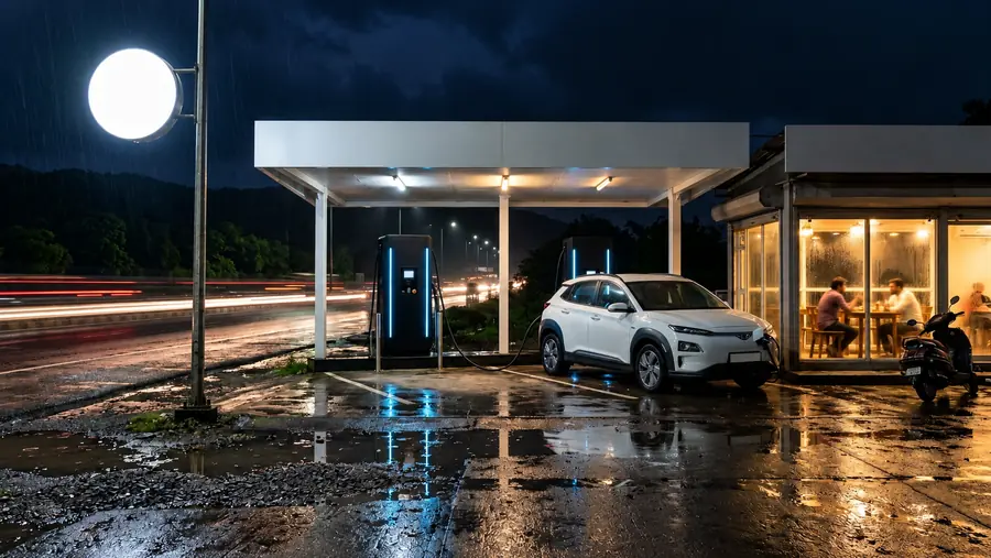 A ChargeOS highway hub at night with a canopy, charger and café