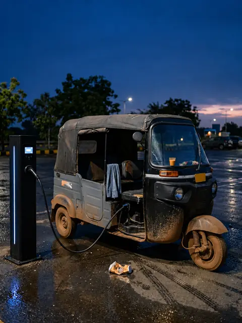 An electric auto-rickshaw at a charger at dusk